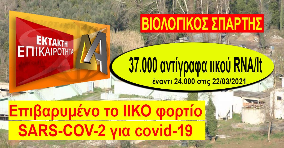 ΔΕΥΑΣπάρτης 37.000 ιικού RNA/lt έναντι 24.000  22/3 στα λύματα του Βιολογικού