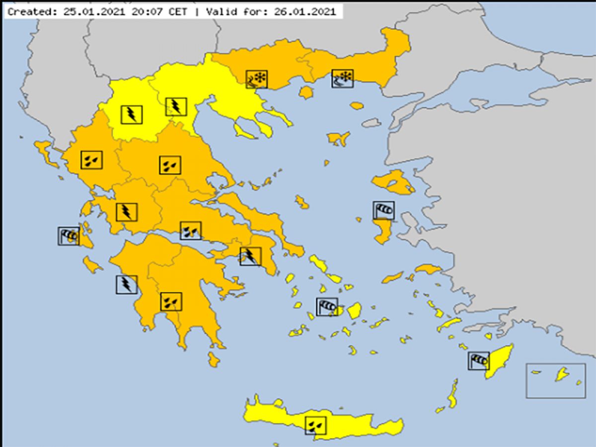 Σοβαρή επιδείνωση του καιρού και στην Περιφέρεια Πελοποννήσου Τρίτη 26 Ιανουαρίου