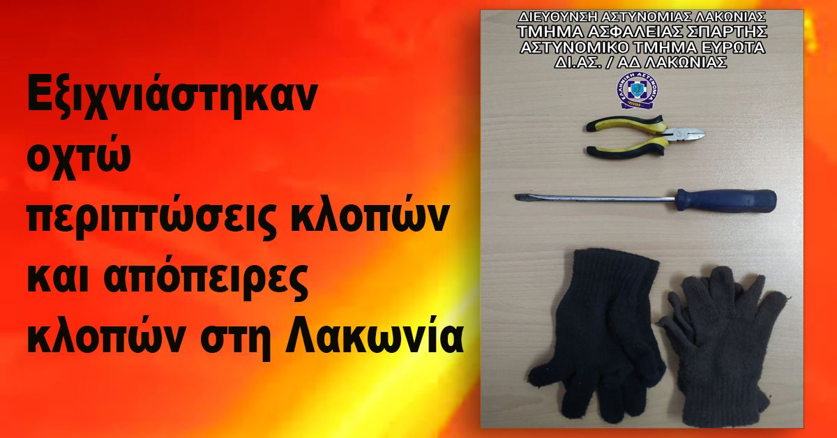 Εξιχνιάστηκαν οχτώ περιπτώσεις κλοπών και απόπειρες κλοπών στη Λακωνία